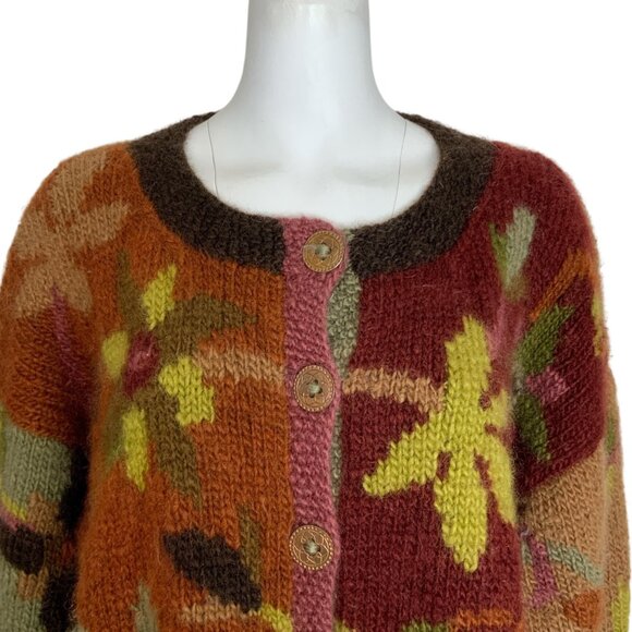 Tara Handknits Handspun Wool Cardigan Sweater L Floral Chunky Button Up Hippie - Picture 8 of 13